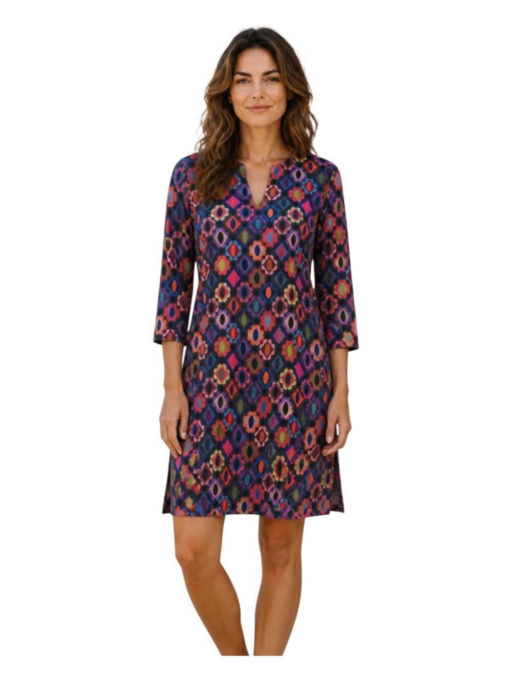 Lesley Evers Womens Colorful Mod Retro Mosaic Print Shift Dress Small